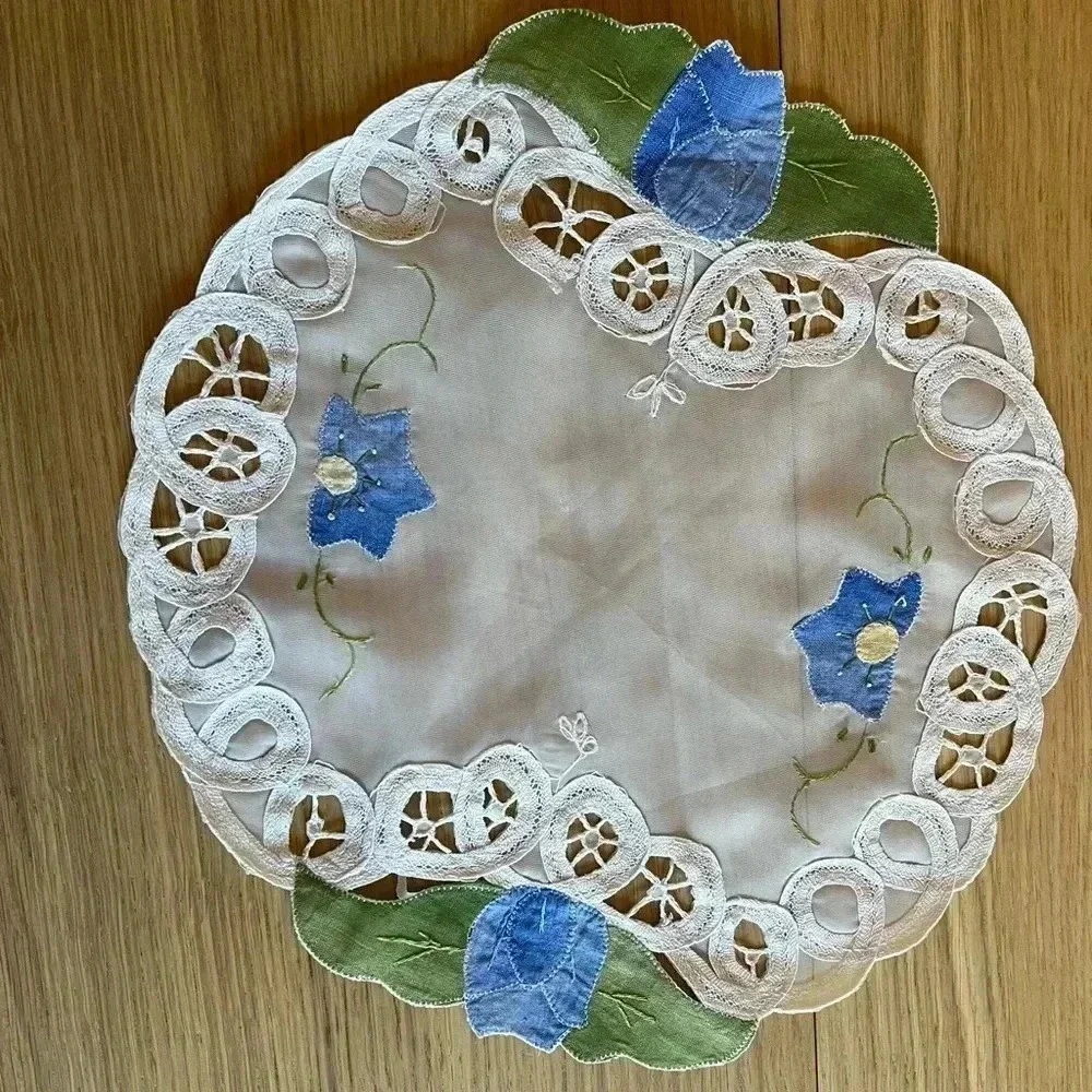 Hand-Embroidered Round Doily with Blue Flowers & Lace Trim - 11”